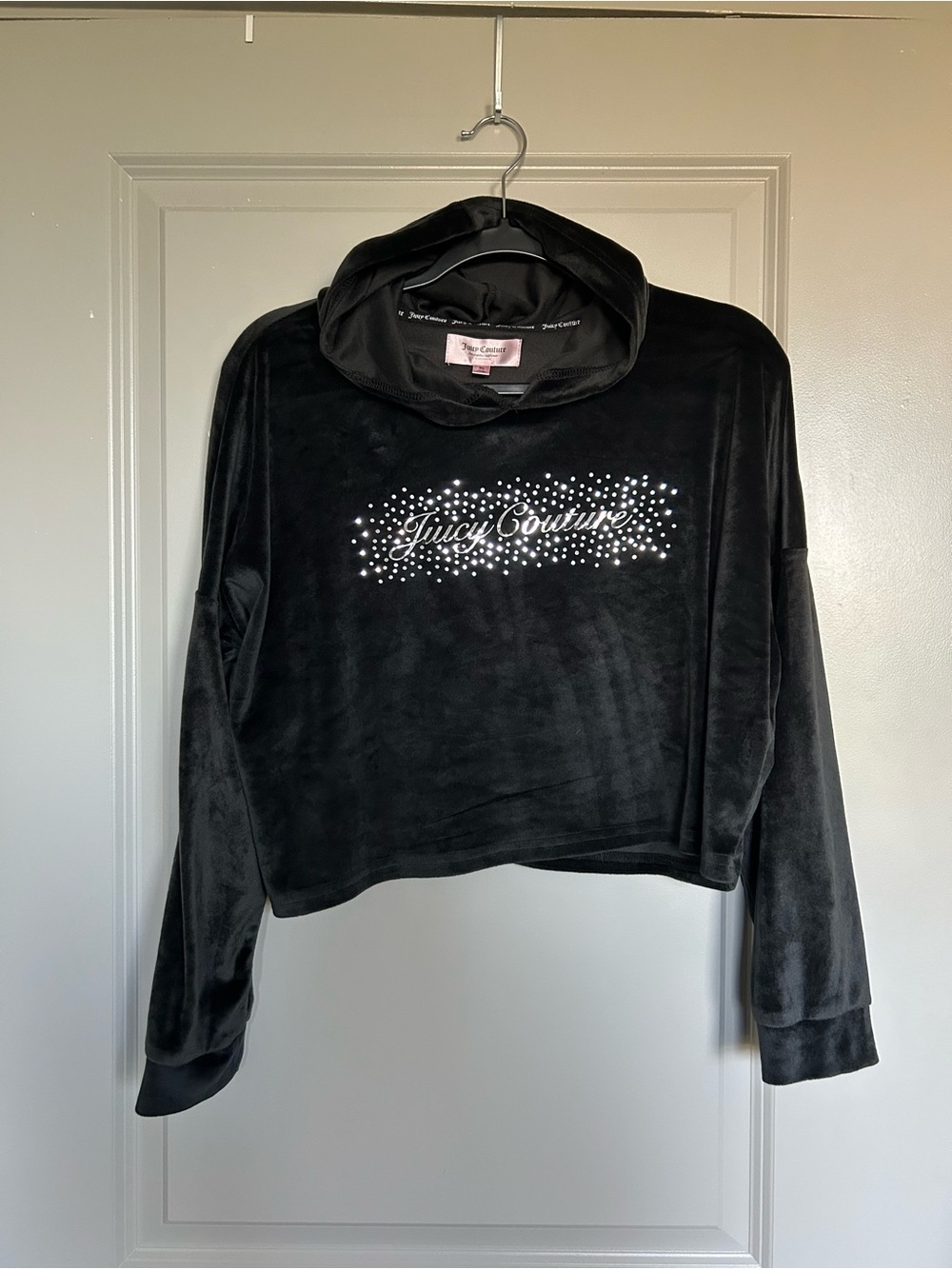 Juicy Couture Black Velour Cropped Hoodie with Crystal Logo